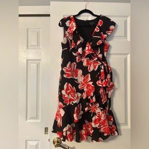 NWT Tahari ASL Black Red Floral Faux Wrap Ruffles Sleeveless Dress Sz 10